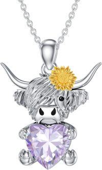 wholesale Metal Stone Highland Cow Pendant Necklace w Heart Birthstone Women s Gift-June
