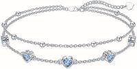 wholesale Sterling Silver Birthstone Heart Anklet Bracelets for Women Mom Wife GF-12-Blue Topaz Bracelet 7\"-9\"