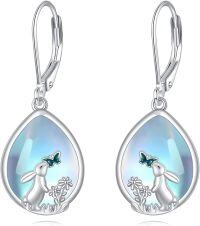 wholesale 925 Sterling Silver Teardrop Moonstone Rabbit Flower Drop Earrings-Bunny