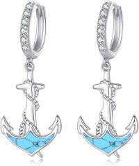wholesale 925 Sterling Silver Turquoise Anchor Dangle Hoop Earrings for Women Minimalist Hypoallergenic Summer -Turquoise