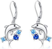 wholesale 925 Sterling Silver 925 Blue Crystal Dolphin Wave Stud Earrings for Women-Dolphin Earring Q