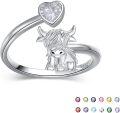 wholesale Sterling Silver Birthstone Highland Cow Ring Custom Engraved Name Adjustable Women s Jewelry Gift-0-0