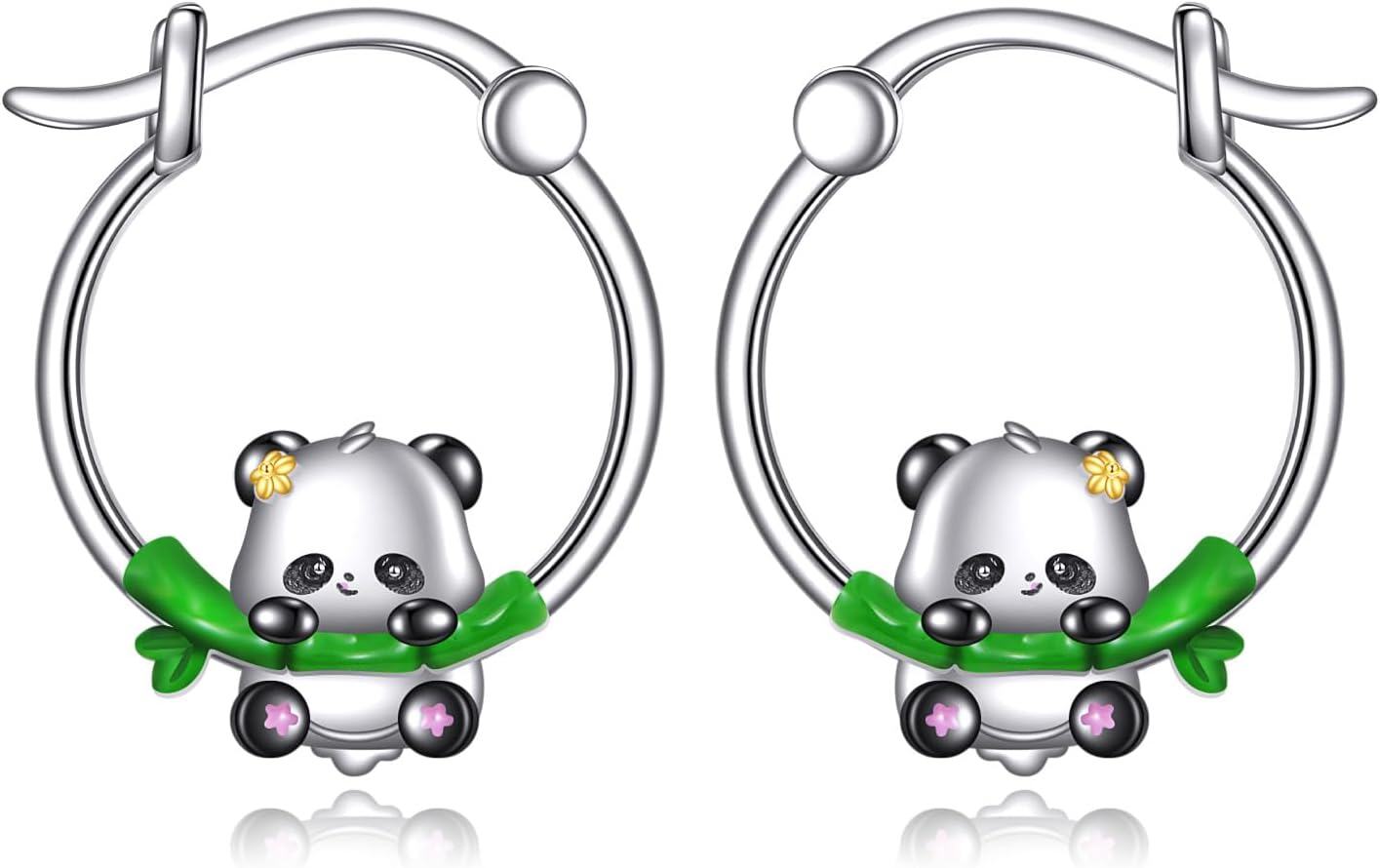 wholesale 925 Sterling Silver Cute Panda Bamboo Leaf Hoop Earrings Gift for Girls and Women-0-0