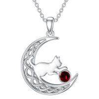 wholesale 925 Sterling Silver Cat And Moon Necklace Wholesale With Ruby Charm-January