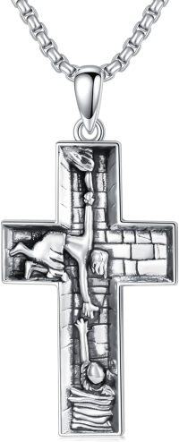 wholesale Salvation Jesus Cross Necklace For Men 925 Sterling Silver Baptism Cross Pendant Protection Necklace Religious Jewelry Gift For Him Father Husband Son Brother -undefined