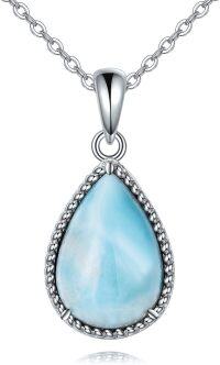 wholesale Sterling Silver Moss Agate Turquoise Larimar Aquamarine Opal Black Onyx Rose Quartz Moonstone Pendant Necklace-Larimar