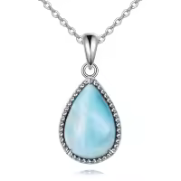 wholesale 925 Sterling Silver Moss Agate Turquoise Larimar Aquamarine Opal Black Onyx Rose Quartz Moonstone Pendant Necklace-Larimar