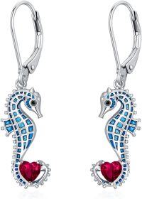 wholesale 925 Sterling Silver Birthstone Blue Seahorse Heart Drop Dangle Earrings for Women-July
