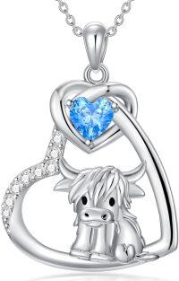 wholesale 925 Sterling Silver 925 Blue Topaz Highland Cow Heart Pendant Necklaces I Love You Forever s for Women-Cow Heart-March-Cow Heart-Custom