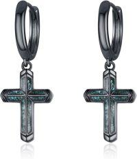wholesale Black 925 Sterling Silver Turquoise Stone Cross Huggie Hoop Dangle Earrings-Black