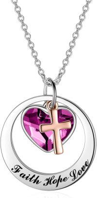 wholesale Sterling Silver Gold Faith Hope Love Cross Pendant Necklace w Austrian Crystal-Silver & Rose Gold-Purple