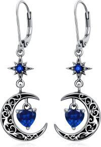 wholesale Sterling Silver Moon Star Birthstone Dangle Earrings-09-Sep-Sapphire