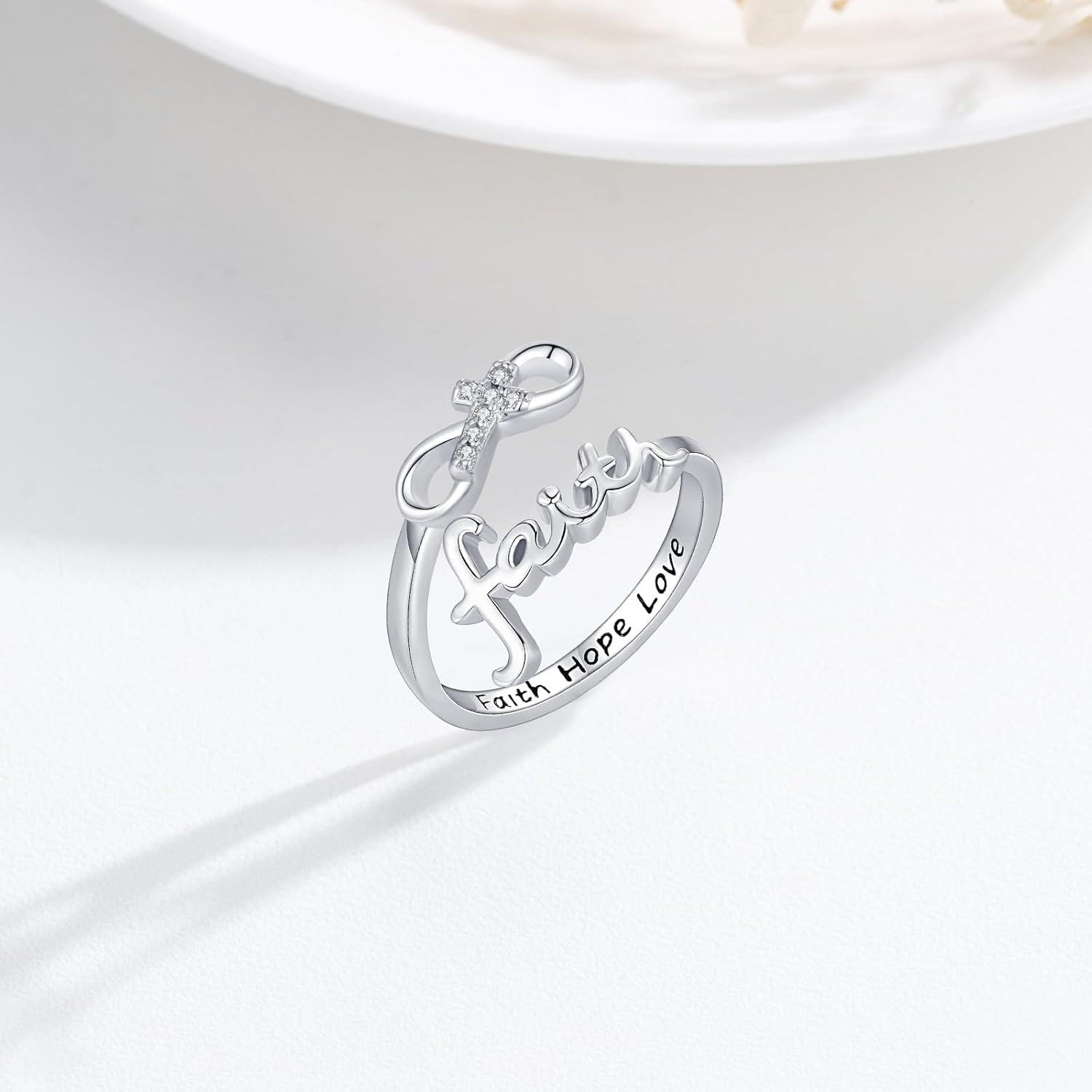 Sterling Silver Faith Ring Adjustable Open Christian Jewelry Gift for Women-0-4