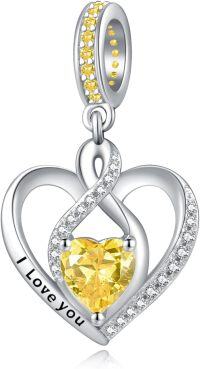 wholesale 925 Sterling Silver Heart Birthstone Charms for Bracelets Jewelry Gifts-Dangle - Nov - Citrine