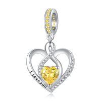 wholesale 925 Sterling Silver Heart Birthstone Charms for Bracelets Jewelry Gifts-Dangle - Nov - Citrine