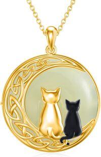 wholesale 925 Sterling Silver Green Jade Pendant with Cats and Moon Design - Unique Gifts for Her-Cats 2-Gold