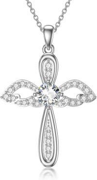 wholesale 925 Sterling Silver with 14k Gold Plating and Moissanite Angel Wing Cross Pendant Necklace - 18+2 inch Chain-B Angel Necklace