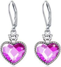 wholesale Sterling Silver White Pink Red Crystal Love Heart Birthstone Dangle Leverback Earrings for Women-pink