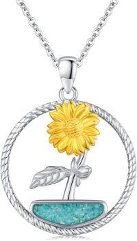 wholesale 925 Sterling Silver Turquoise Sunflower and Clovers Leaves Pendant Necklaces for Women Girls s 45cm Chain Length-Flower