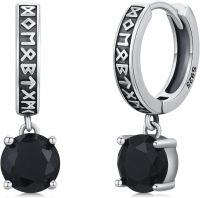 wholesale 925 Sterling Silver Viking Rune Hoop & Black Crystal Drop Earrings for Women Norse Style -Round Stone