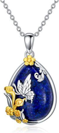 wholesale 925 Sterling Silver Lapis Lazuli and Gold Plated Floral Pendant Necklace for Women-10-Butterfly Flower Necklace