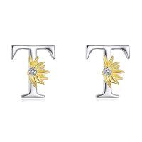 wholesale 925 Sterling Silver Sunflower Initial Alphabet Letter Script Name Stud Earrings for Women-Initial T