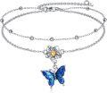 wholesale 925 Sterling Silver Blue Enamel Flower & Butterfly Charm Layered Ankle Anklet for Women and Girls-0-0