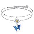 wholesale 925 Sterling Silver Two Tone Blue Butterfly Flower Charm Double Layer Anklet-0-0