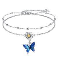 wholesale 925 Sterling Silver Two Tone Blue Butterfly Flower Charm Double Layer Anklet-Layered butterfly anklets