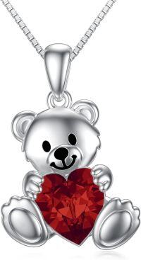 wholesale 925 Sterling Silver Crystal Teddy Bear Necklace Birthstone Jewelry Gift for Women-Red Crystal