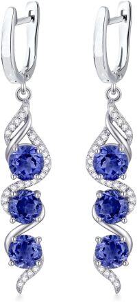 wholesale Sterling Silver 5mm Round Cut Genuine Created Gemstone Leverback 3 Birthstone Dangle Earrings-Sapphire