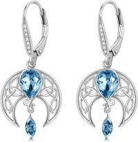 wholesale Sterling Silver Crystal Celtic Moon Dangle Earrings Birthstone Gift-Simulated Aquamarine(Leverback)