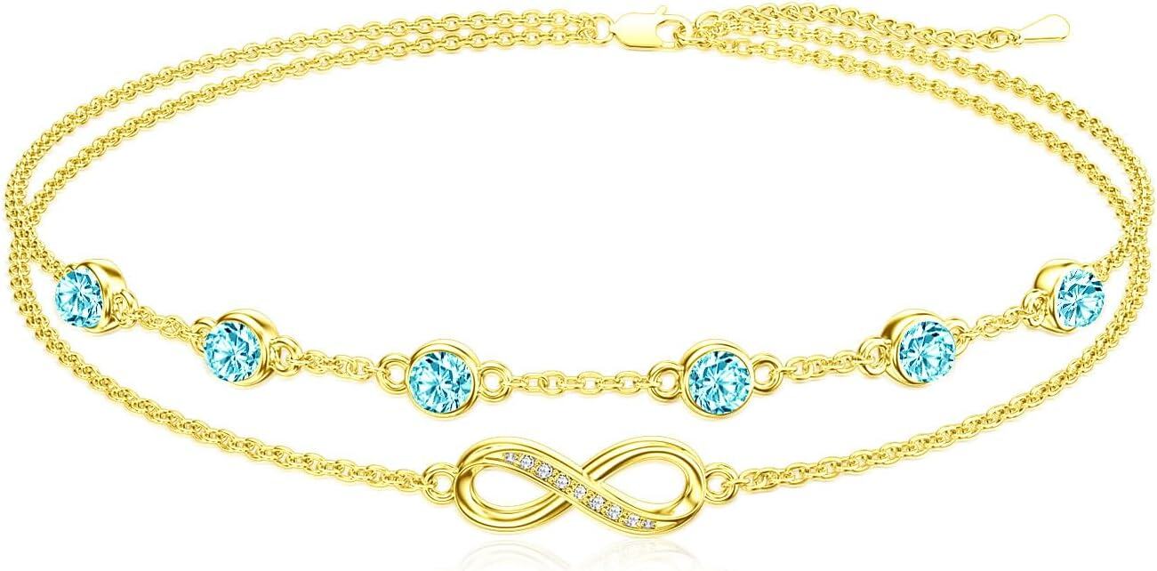 Sterling Silver Birthstone Women s Anklet Bracelets Infinity Butterfly Evil Eye Turtle Pineapple Starfish Heart-Anklet 9"-11"-Infinity 03-Aquamarine-Yellow Gold