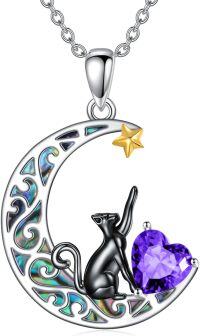wholesale 925 Sterling Silver 12 Birthstones Black Cat Necklace for Women-Feb.