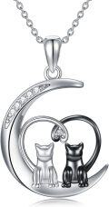 wholesale 925 Sterling Silver Cubic Zirconia Black and White Cats in Heart Crescent Moon Pendant Necklace for Women-0-0