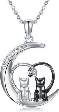 wholesale 925 Sterling Silver Cubic Zirconia Black and White Cats in Heart Crescent Moon Pendant Necklace for Women-Two Cats on Moon