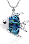 wholesale 925 Sterling Silver Fish Shaped Abalone Shell Pendant Necklace with Black CZ Eye-0-0