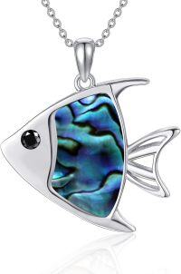 wholesale 925 Sterling Silver Fish Shaped Abalone Shell Pendant Necklace with Black CZ Eye-Fish