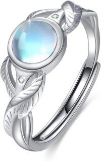 wholesale 925 Sterling Silver Moss Agate Leaf Moonstone Adjustable Open Ring for Women-Moonstone Ring