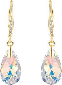 wholesale 925 Sterling Silver Teardrop Purple Blue Aurora Borealis Crystals Leverback Earrings-yellow gold-white crystal