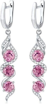 wholesale Sterling Silver 5mm Round Cut Genuine Created Gemstone Leverback 3 Birthstone Dangle Earrings-Pink