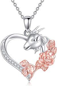 wholesale 925 Sterling Silver Goat Head in Heart Pendant with Rose Gold Plated Flower Charm Necklace for Women Girls Gifts-Goat Necklace