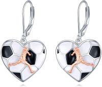wholesale 925 Sterling Silver Heart Shaped Dangle Earrings with Football Design and Rose Gold Player Figurine - Sporty Gift for Women-Soccer