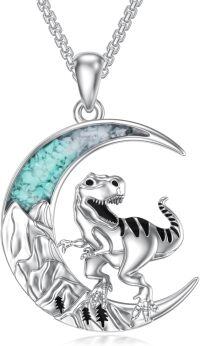 wholesale 925 Sterling Silver T-Rex Dinosaur on Turquoise Crescent Moon Pendant Necklace-Dinosaur