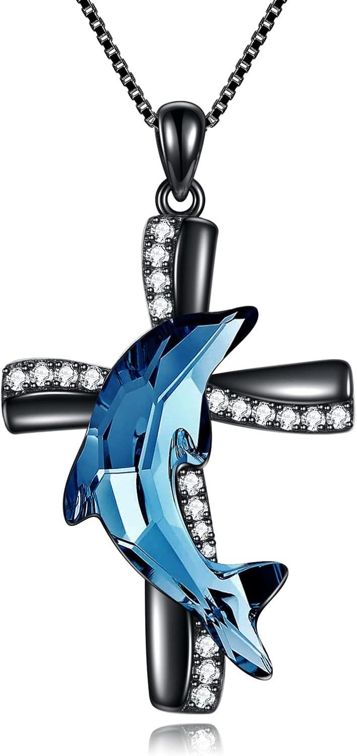 925 Sterling Silver Blue Crystal Shark Pendant Necklace for Women's s-0-0
