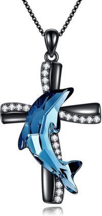 wholesale 925 Sterling Silver Blue Crystal Shark Pendant Necklace for Women's s-Black Gold Plated-Cross Dolphin