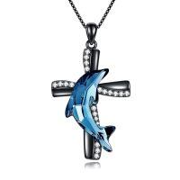 wholesale 925 Sterling Silver Cross With Blue Crystal Dolphin And Cubic Zirconia Pendant Necklace For Women And Men Christian Faith Jewelry Gift-Black Gold Plated-Cross Dolphin