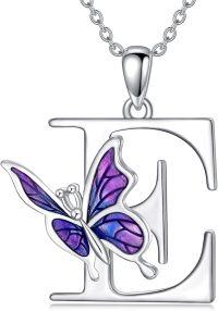 wholesale Sterling Silver Purple Butterfly A Z 26 Letters Pendant Necklace-Letter E-Letter E