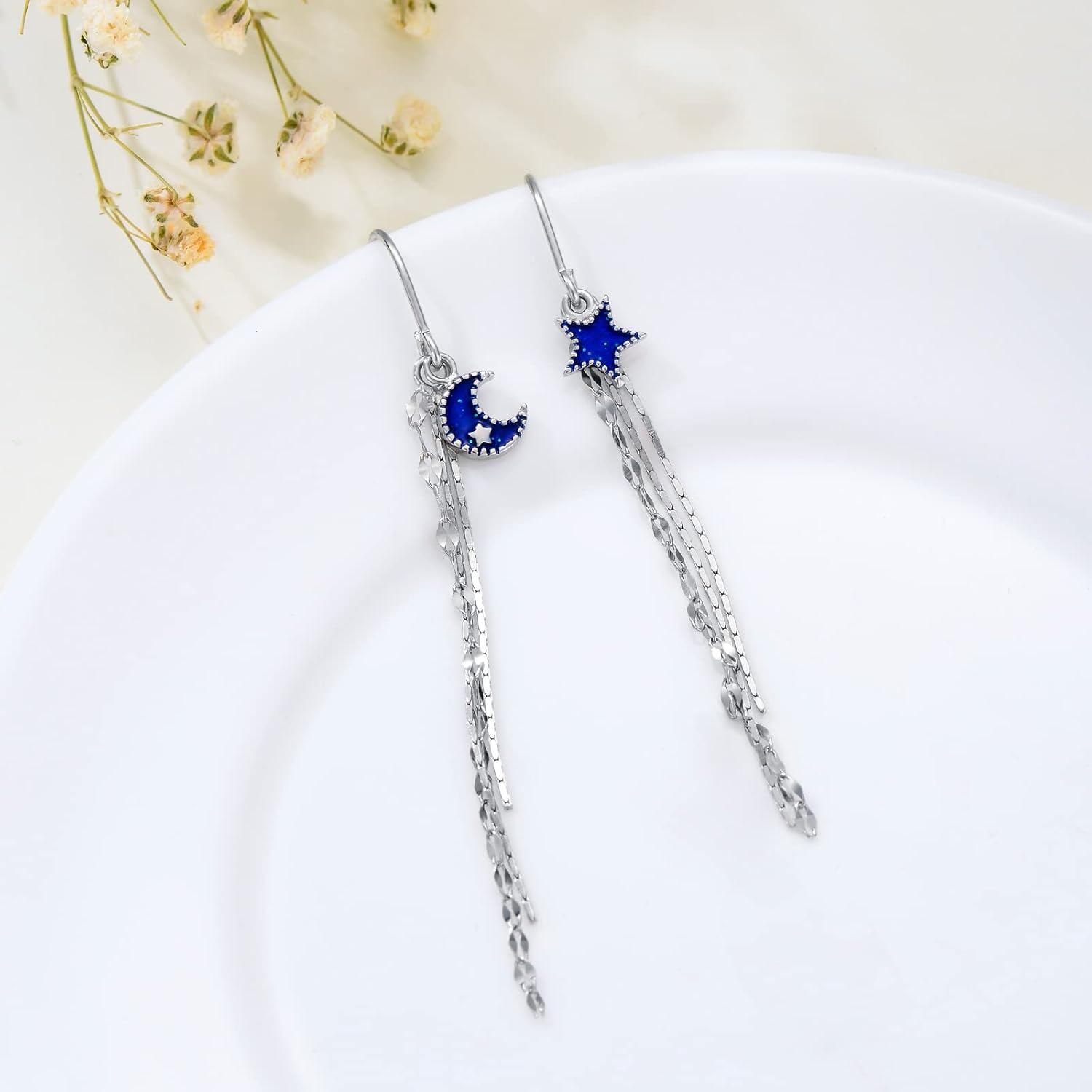 925 Sterling Silver Moon Star Threader Earrings w/ Tassel Chain for Women & Teens - Hypoallergenic-0-4
