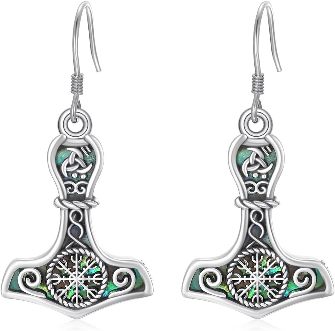 Sterling Silver Stone Viking Earrings Tree of Life Thor Hammer Compass Dangle Drop Jewelry Gifts for Women-Viking Compass